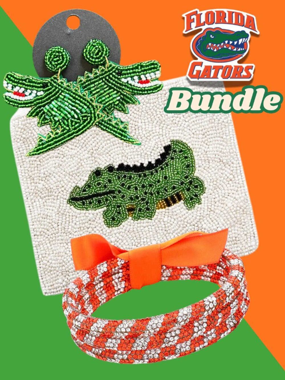 FLORIDA GATORS Bundle Orange Green Team Colors Pouch - Earrings - Bracelets Keys
